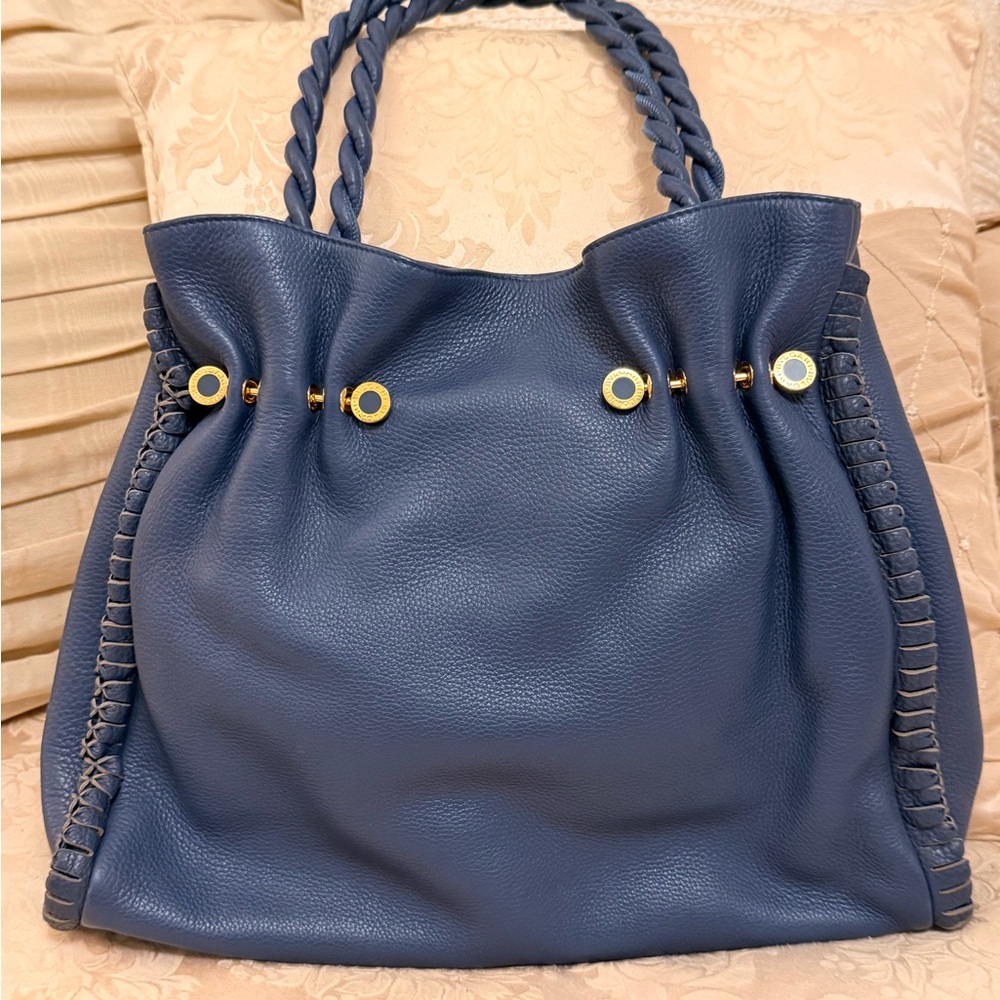 Bvlgari Vintage Blue Pebbled Leather Tote Bag Gold Hardware Excellent Condition